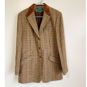 Vintage Lauren Ralph Lauren Womens 12 Houndstooth Wool Lined Blazer Suede Collar